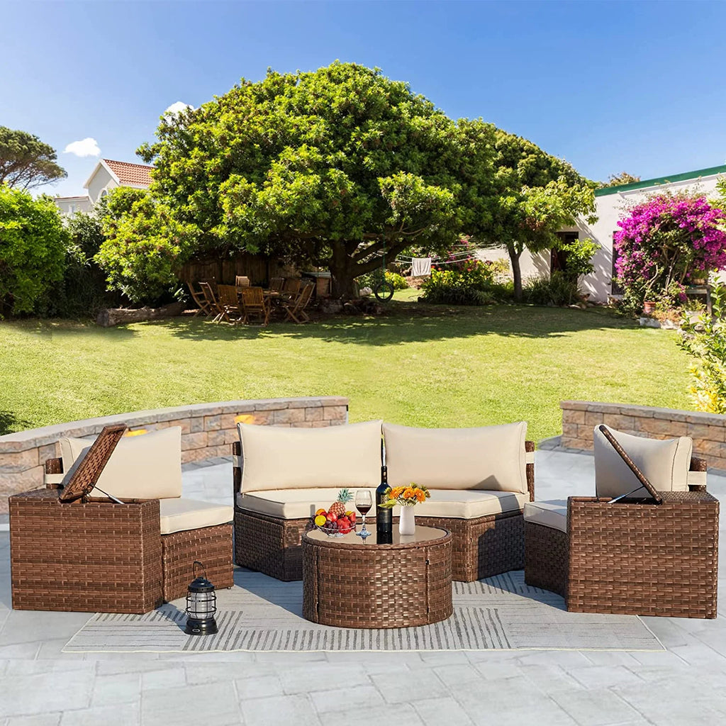 7 Piece Outdoor Patio Sectional Sofa Set with Storage Armrest L871980