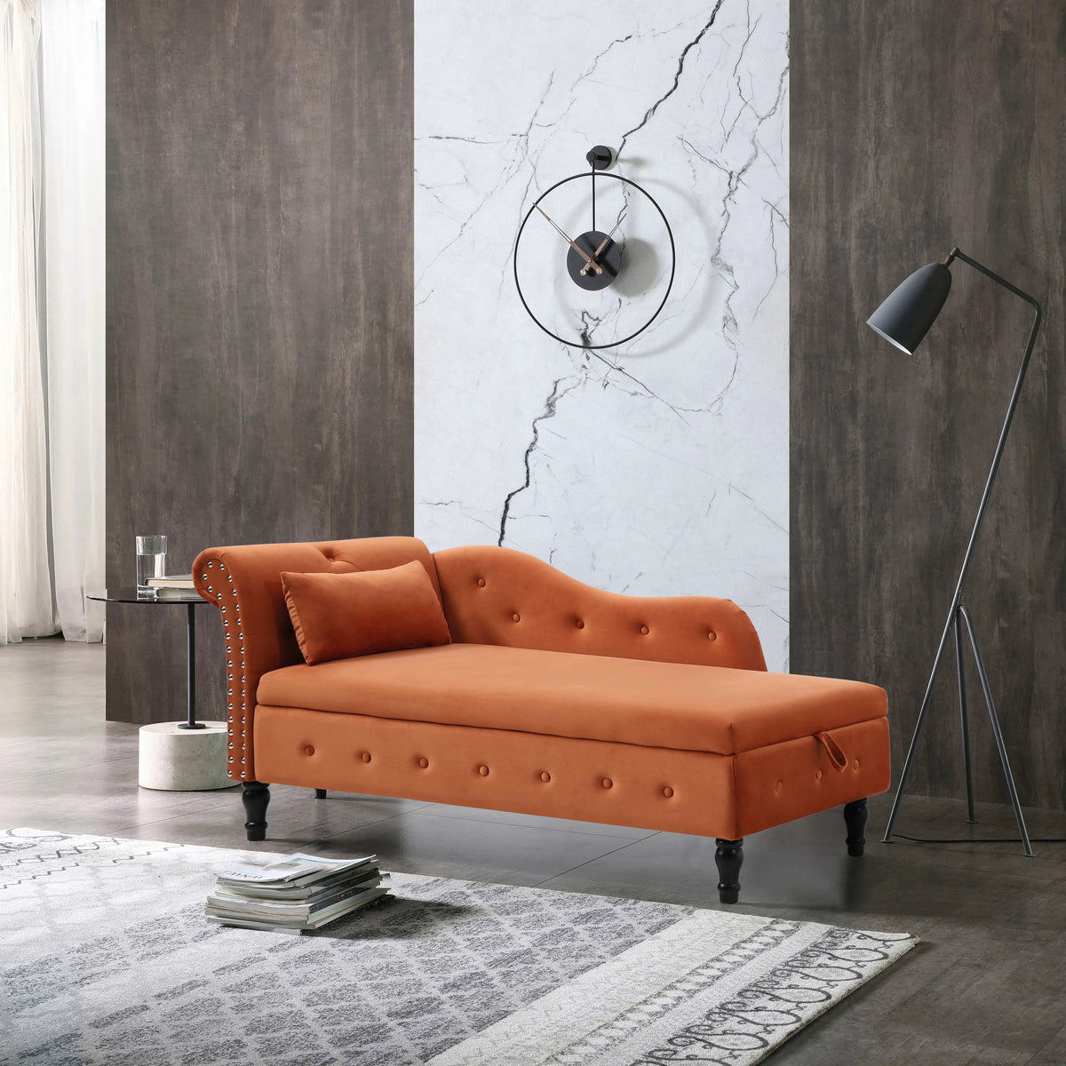 60" Orange Velvet Storage Chaise Lounge with 1 Pillow N51576