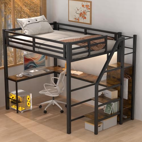 Full Size Black Metal Loft Bed with Desk and Storage Stairs K559