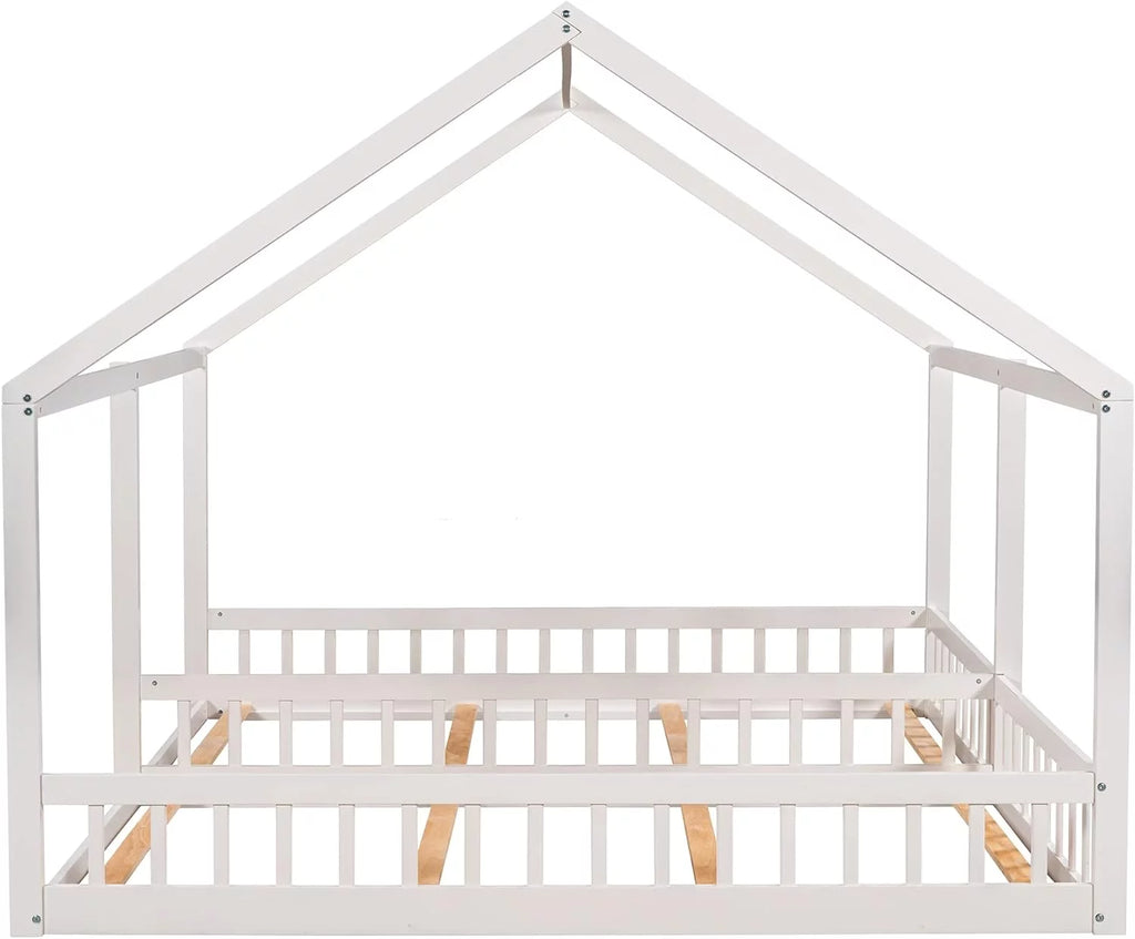 White Solid Wood Floor Bed with Rails and Roof T87125