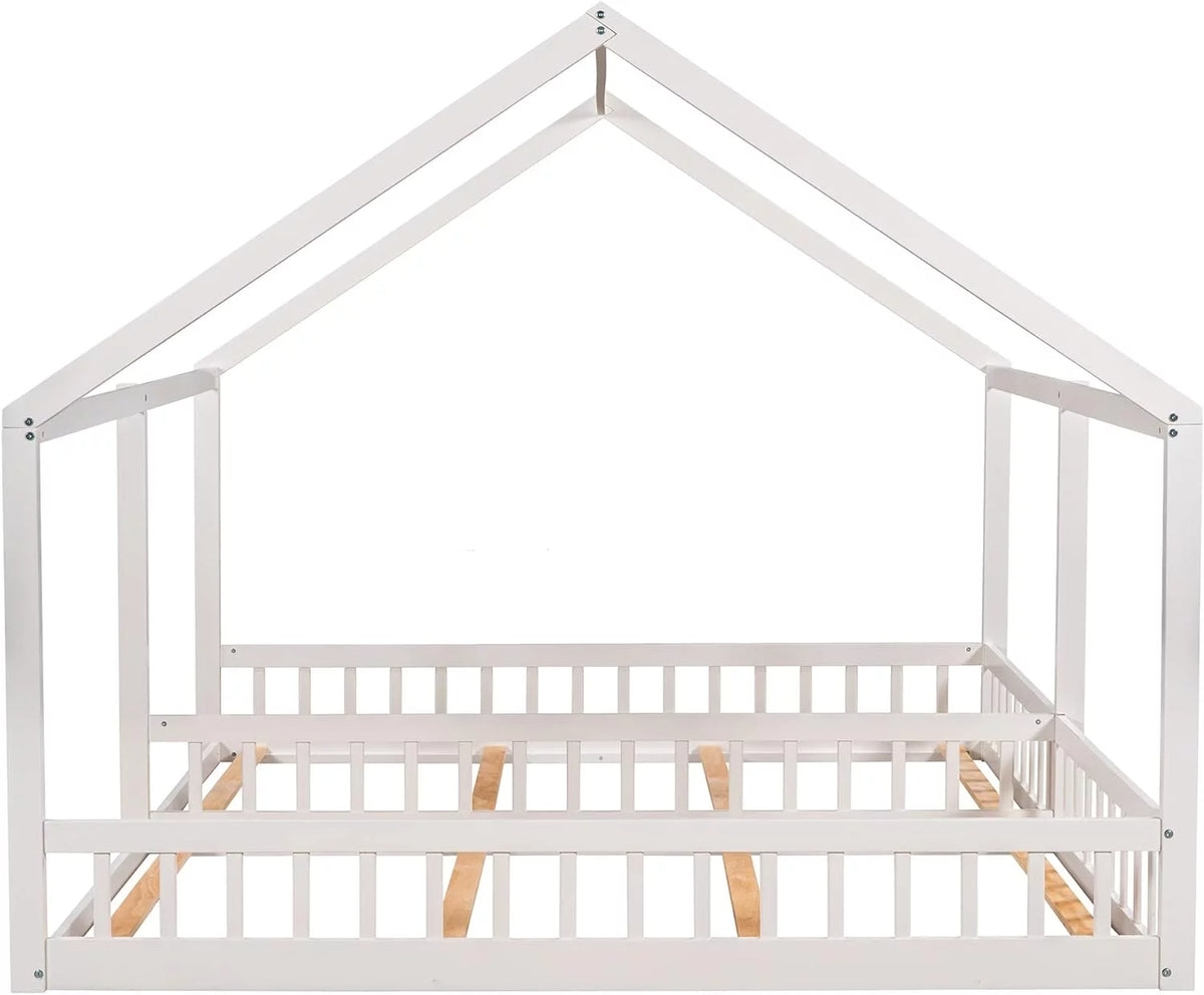 White Solid Wood Floor Bed with Rails and Roof T87125