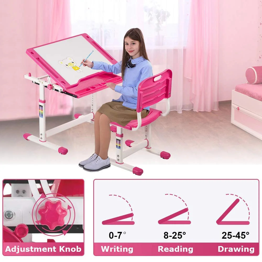 Kids Adjustable Height Ergonomic Desk and Chair Set with Storage Drawer F5114