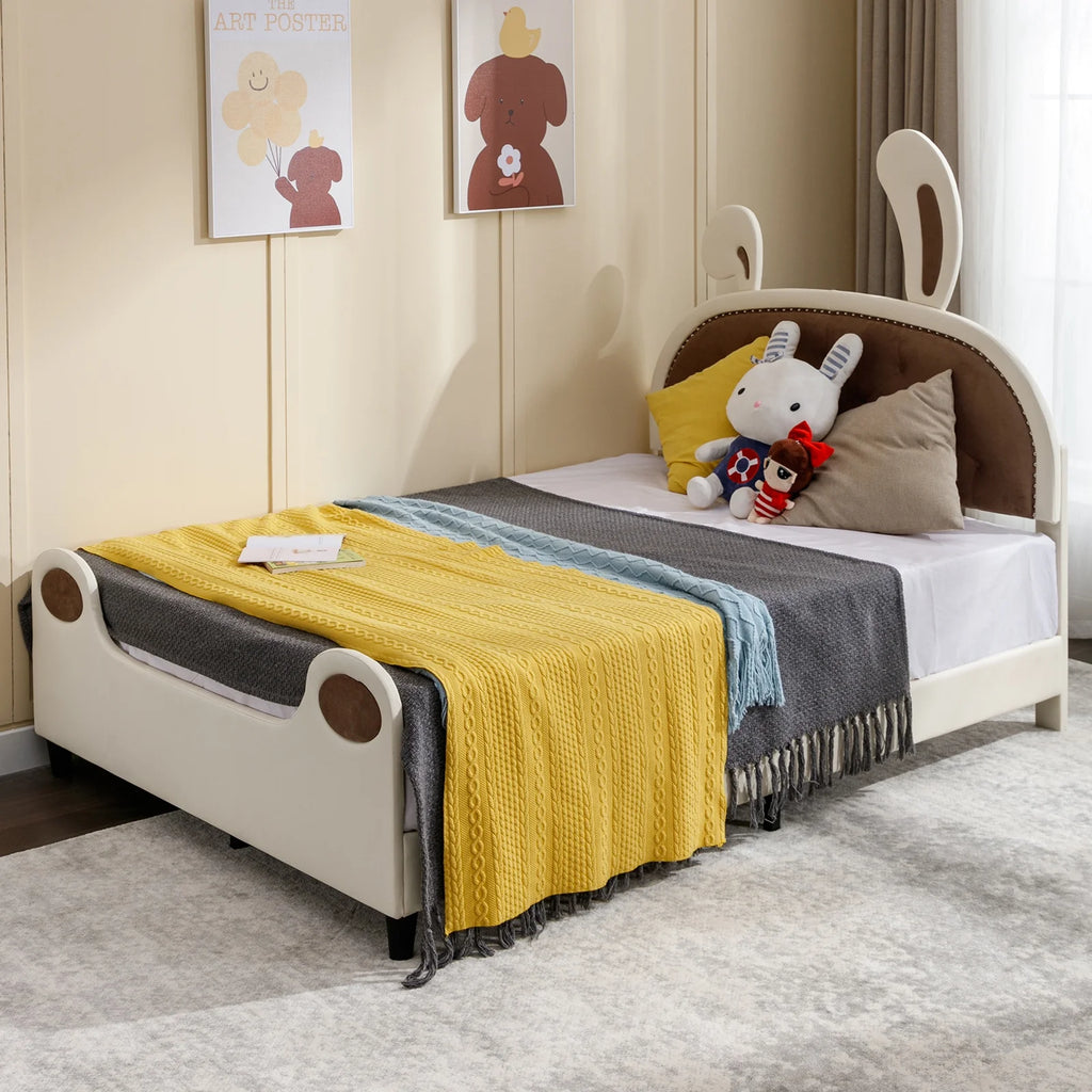 Twin Size Upholstered Platform Bed with Rabbit Ears Headboard W6176