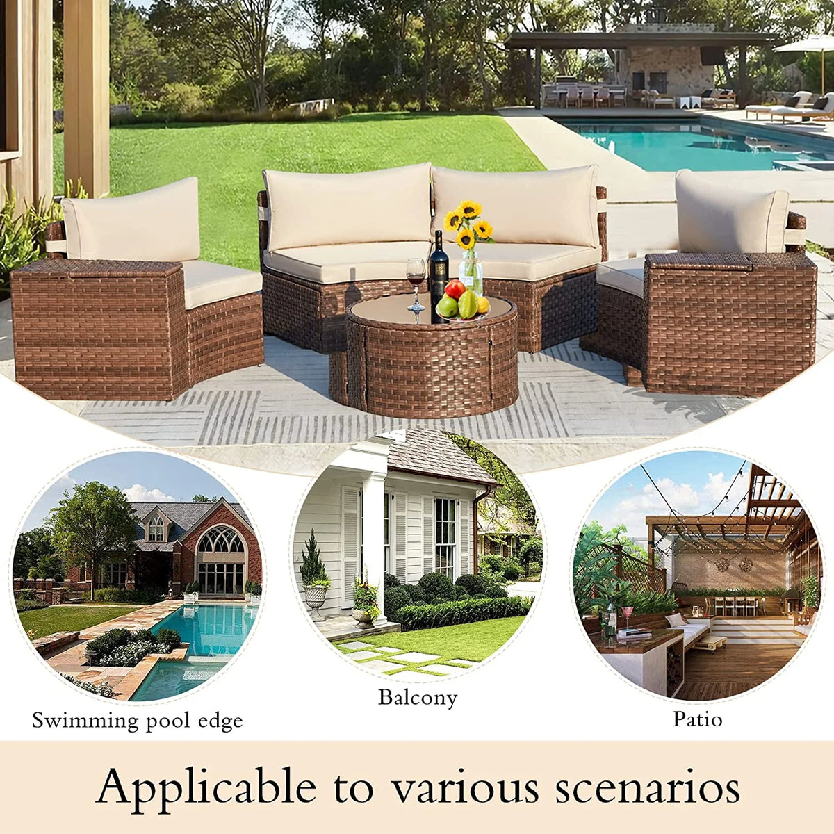 7 Piece Outdoor Patio Sectional Sofa Set with Storage Armrest L871980