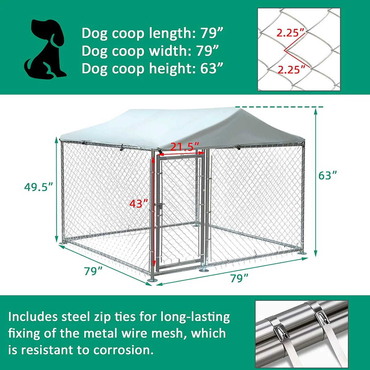 Large Dog Kennel with Galvanized Chain Link and Waterproof Cover B62193
