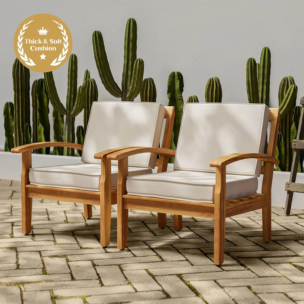 Acacia Wood Patio Club Chairs Set of 2 with Cushion Y916