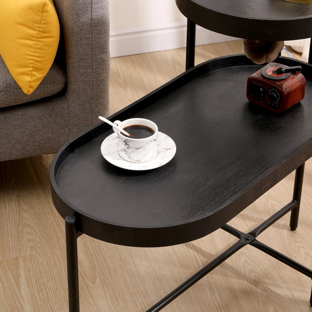 2-Tier Wooden Top Side Table Black Metal Frame M571