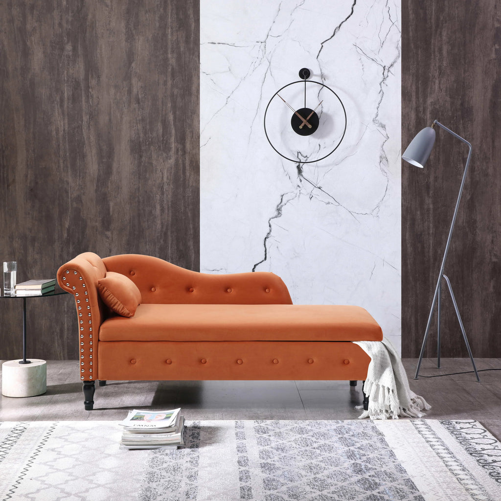 60" Orange Velvet Storage Chaise Lounge with 1 Pillow N51576