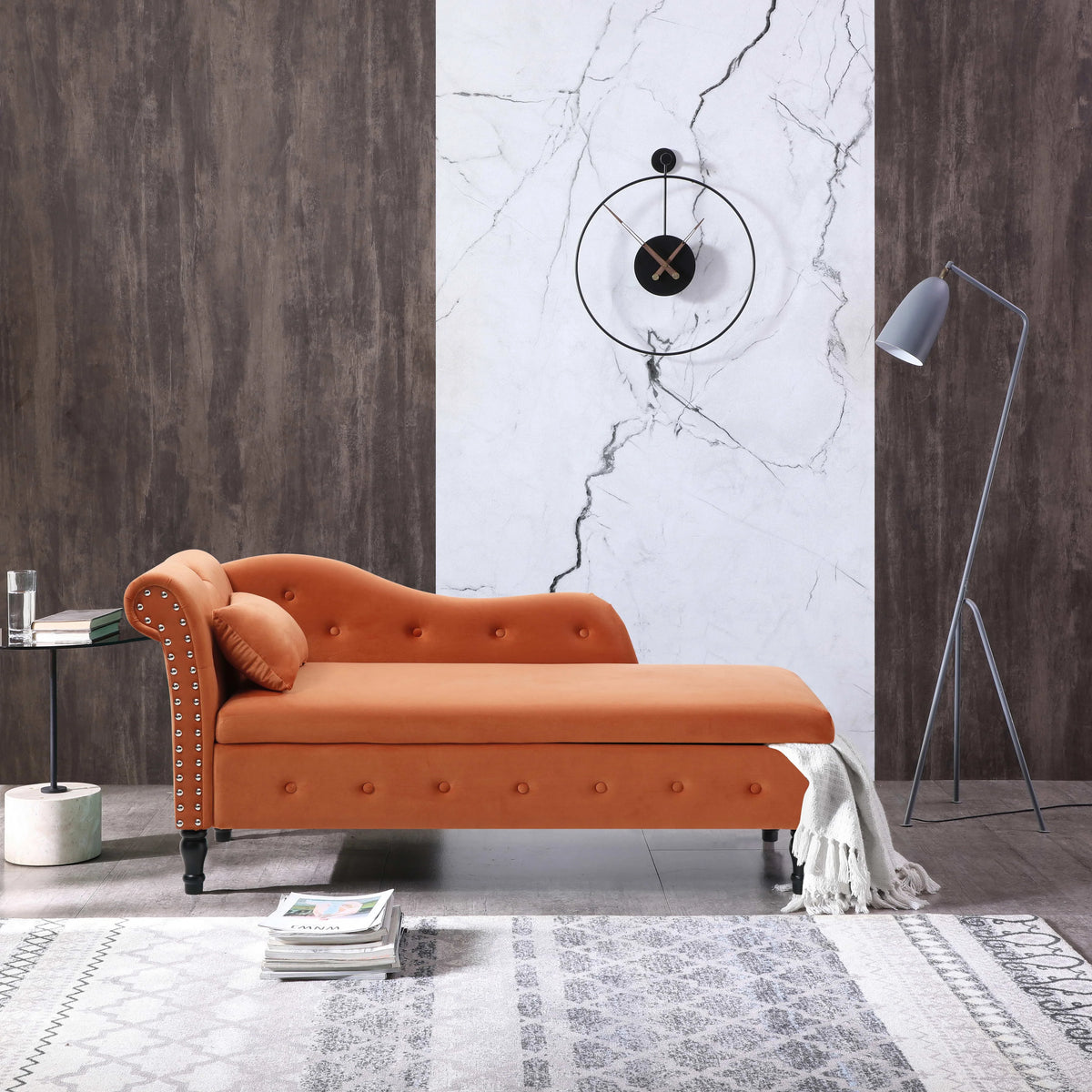 60" Orange Velvet Storage Chaise Lounge with 1 Pillow N51576