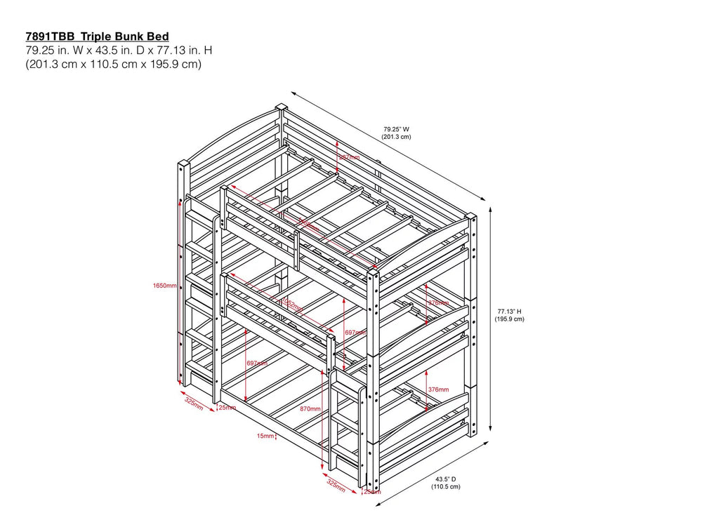 White Triple Twin Bunk Bed D149