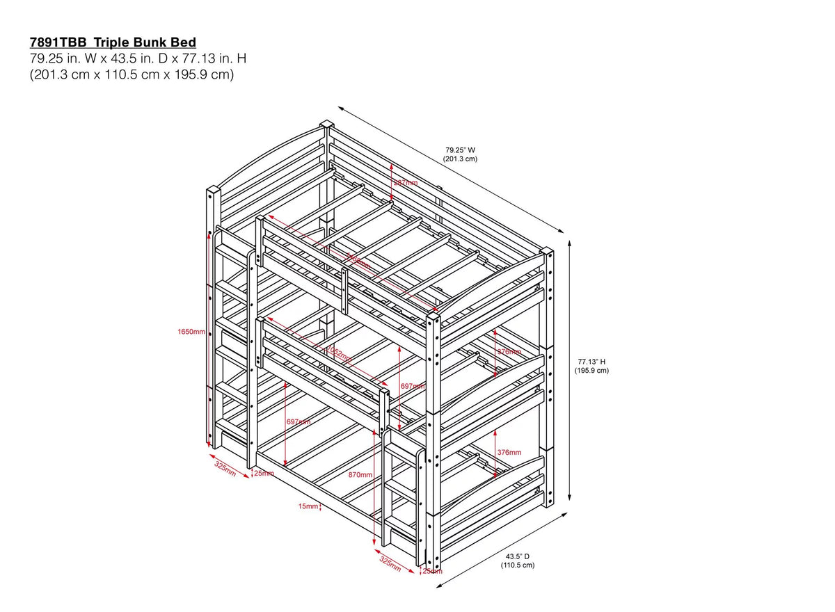 White Triple Twin Bunk Bed D149