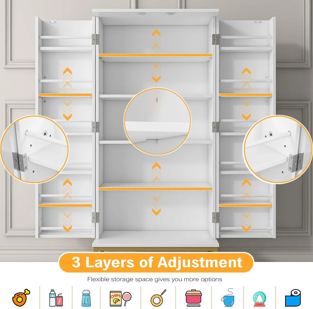 White Freestanding Kitchen Pantry Storage Cabinet with Adjustable Shelves V6456