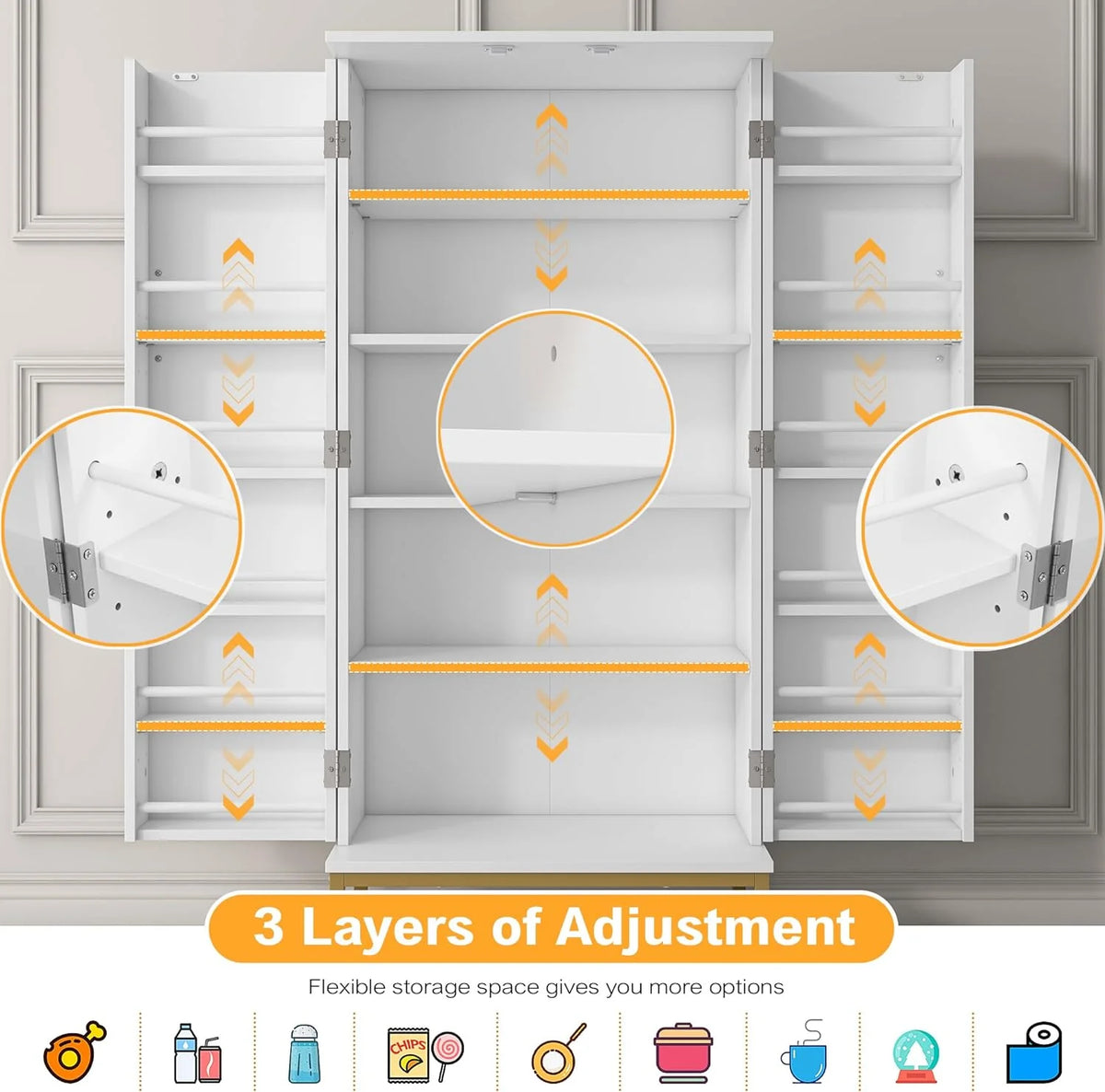 White Freestanding Kitchen Pantry Storage Cabinet with Adjustable Shelves V6456