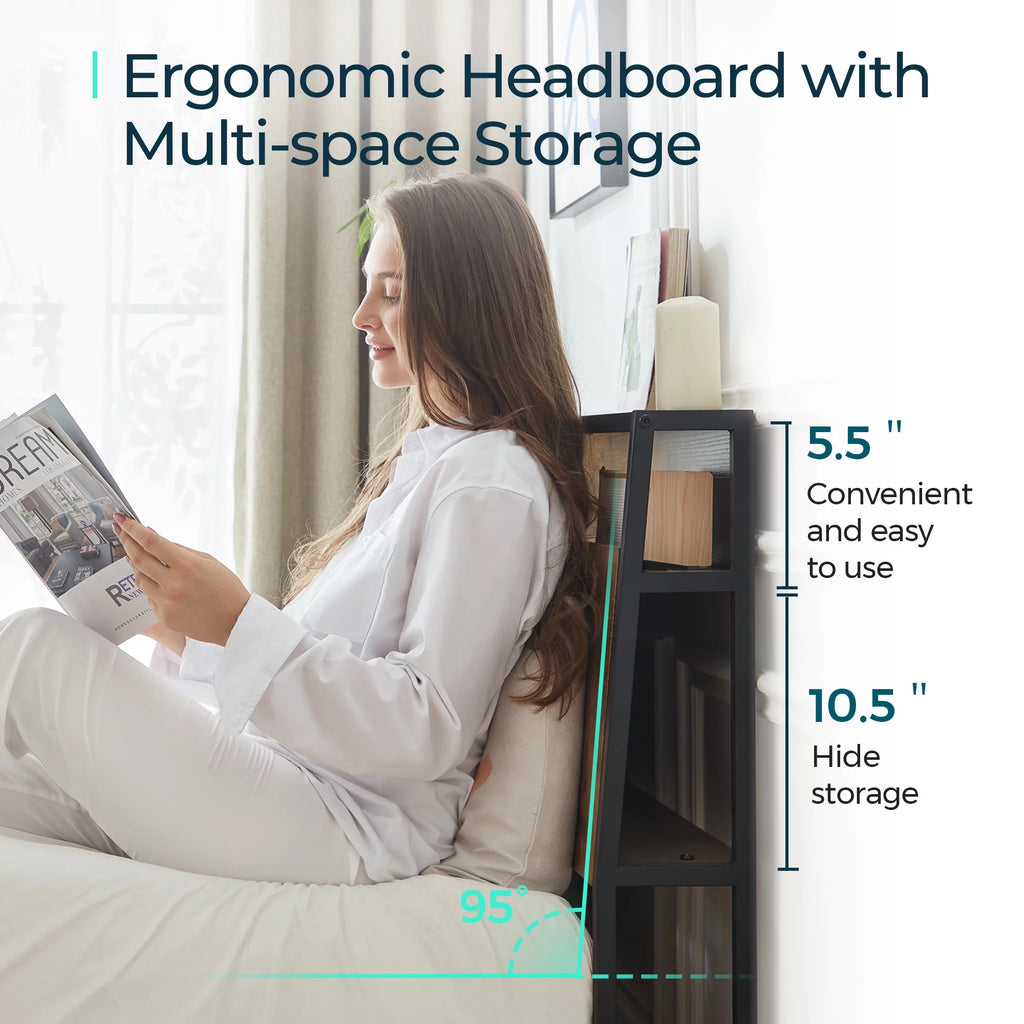 Full Size Platform Bed Frame with Headboard and Storage Shelves G631