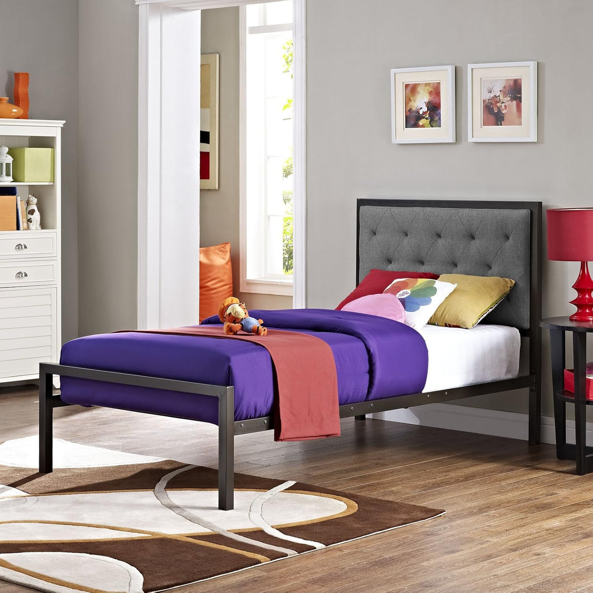 Twin Size Grey Fabric Bed Frame O42191