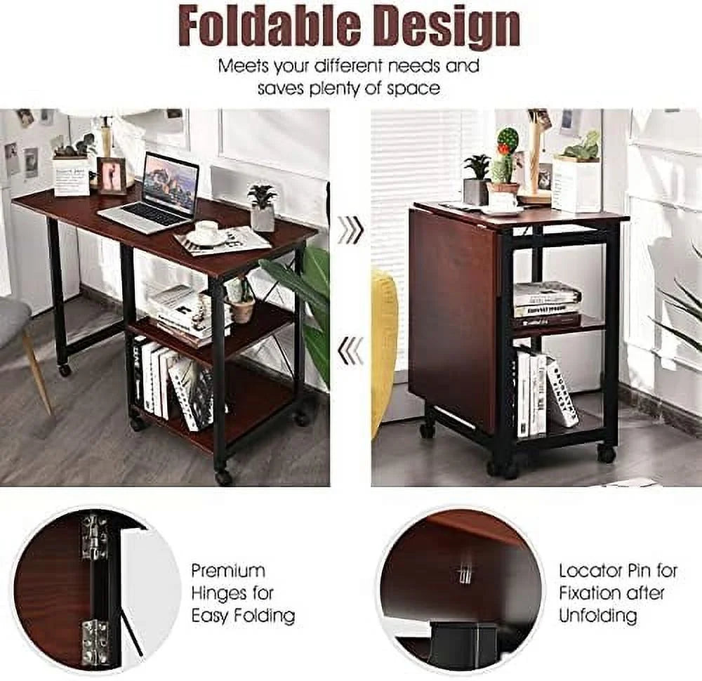 Folding Computer Desk with 2-Tier Shelves and 6 Wheels A941750