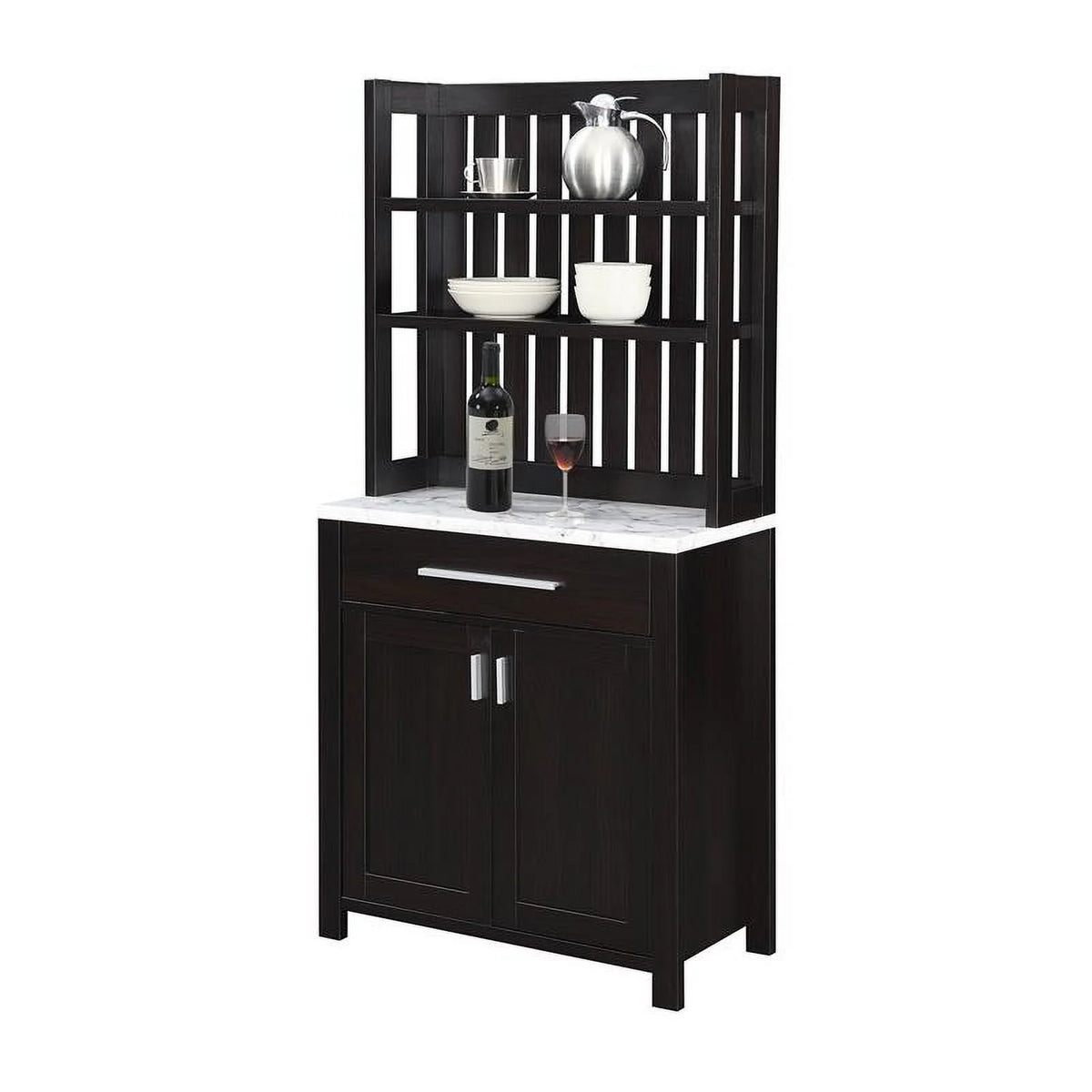 Espresso Wood Wine Bar with Cabinet and White Faux Marble Top W145