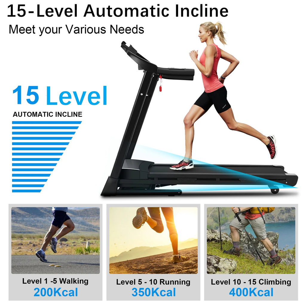 3.25 HP Folding Treadmill with 15 Level Auto Incline N415