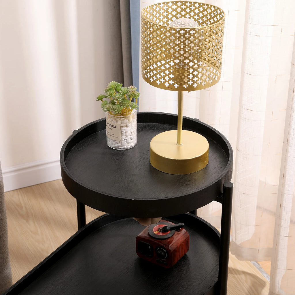 2-Tier Wooden Top Side Table Black Metal Frame M571