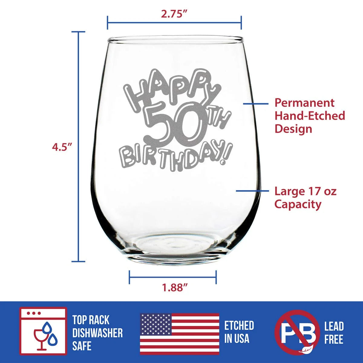 50Th Birthday Stemless Wine Glass 17 Oz T7413