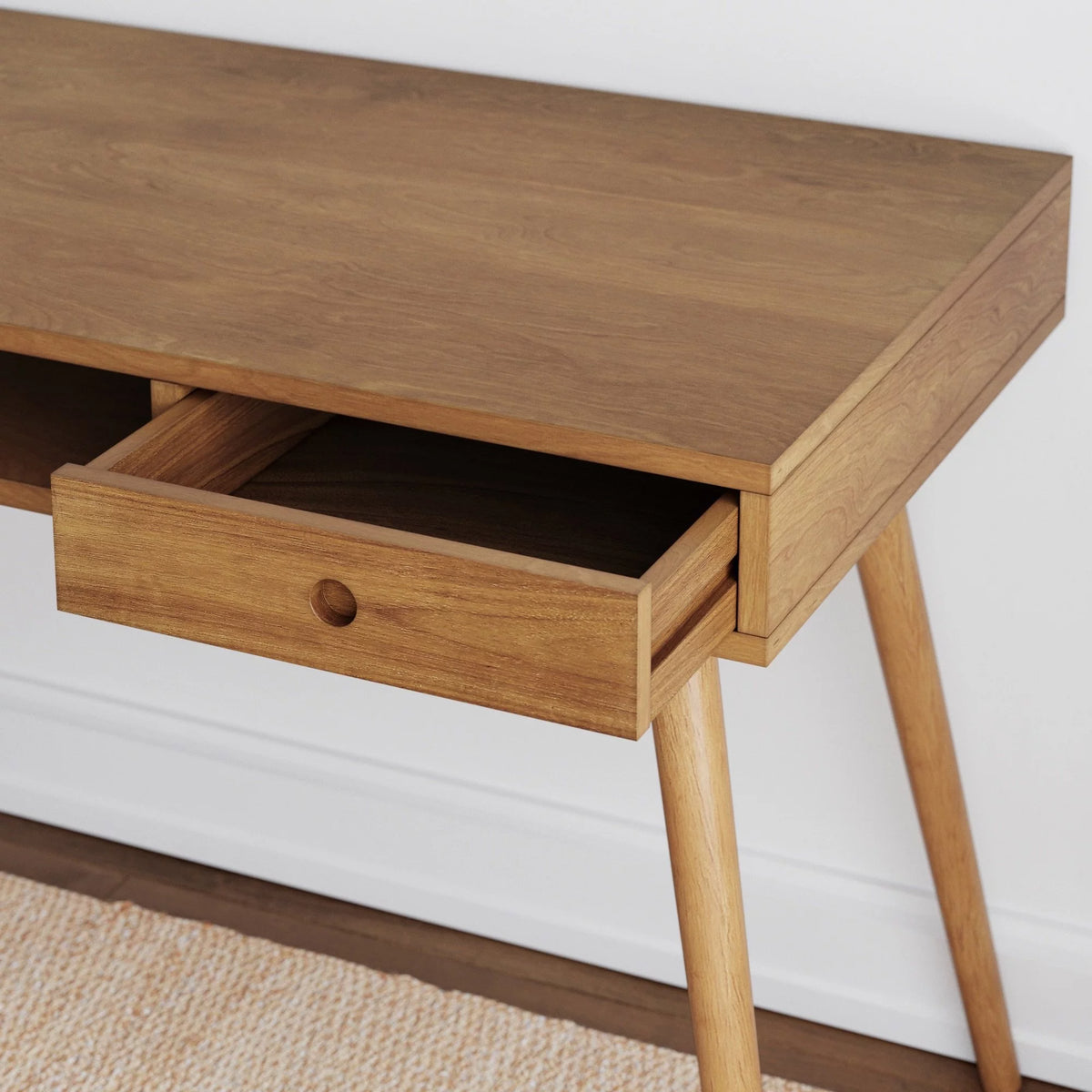 Modern Home Office Desk in Walnut Wood with Open Storage Cubby and Small Drawer H33235