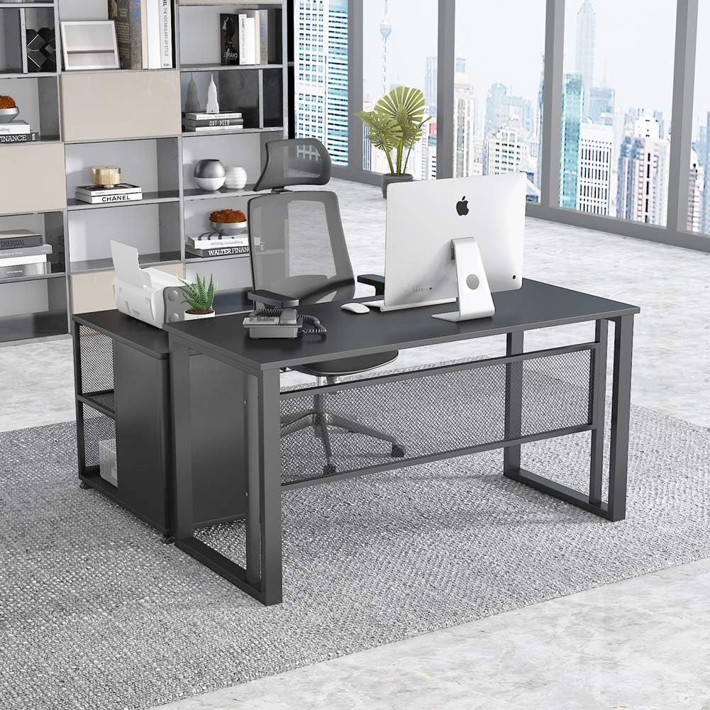 Black 55 inch L-Shaped Computer Desk with File Cabinet P3552