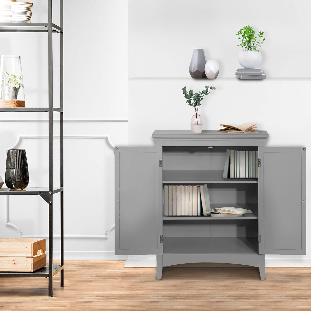 Grey Freestanding Floor Cabinet with 2 Shutter Doors H1854