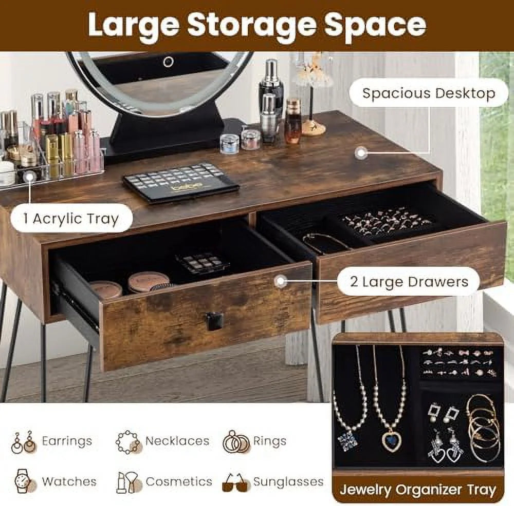 Vanity Desk with Mirror and Lights Makeup Dressing Table Set with Stool O8450