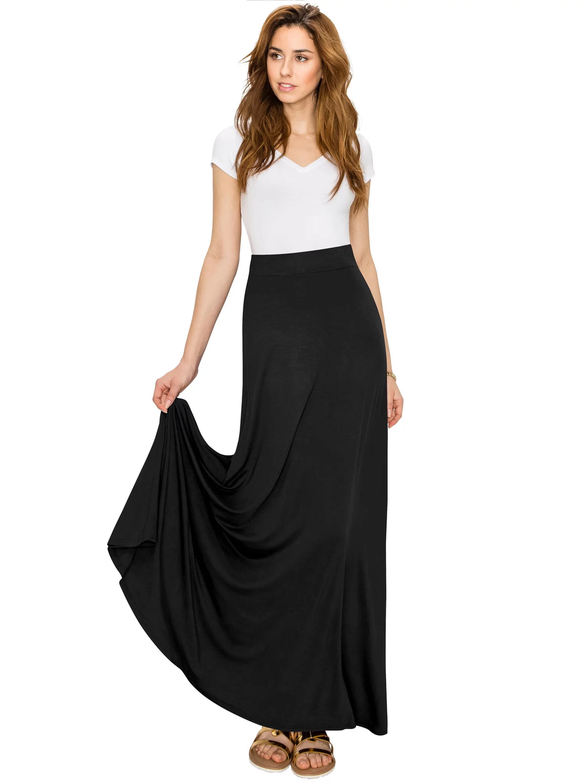 Solid Maxi Skirt with Elastic Waist Band A8094