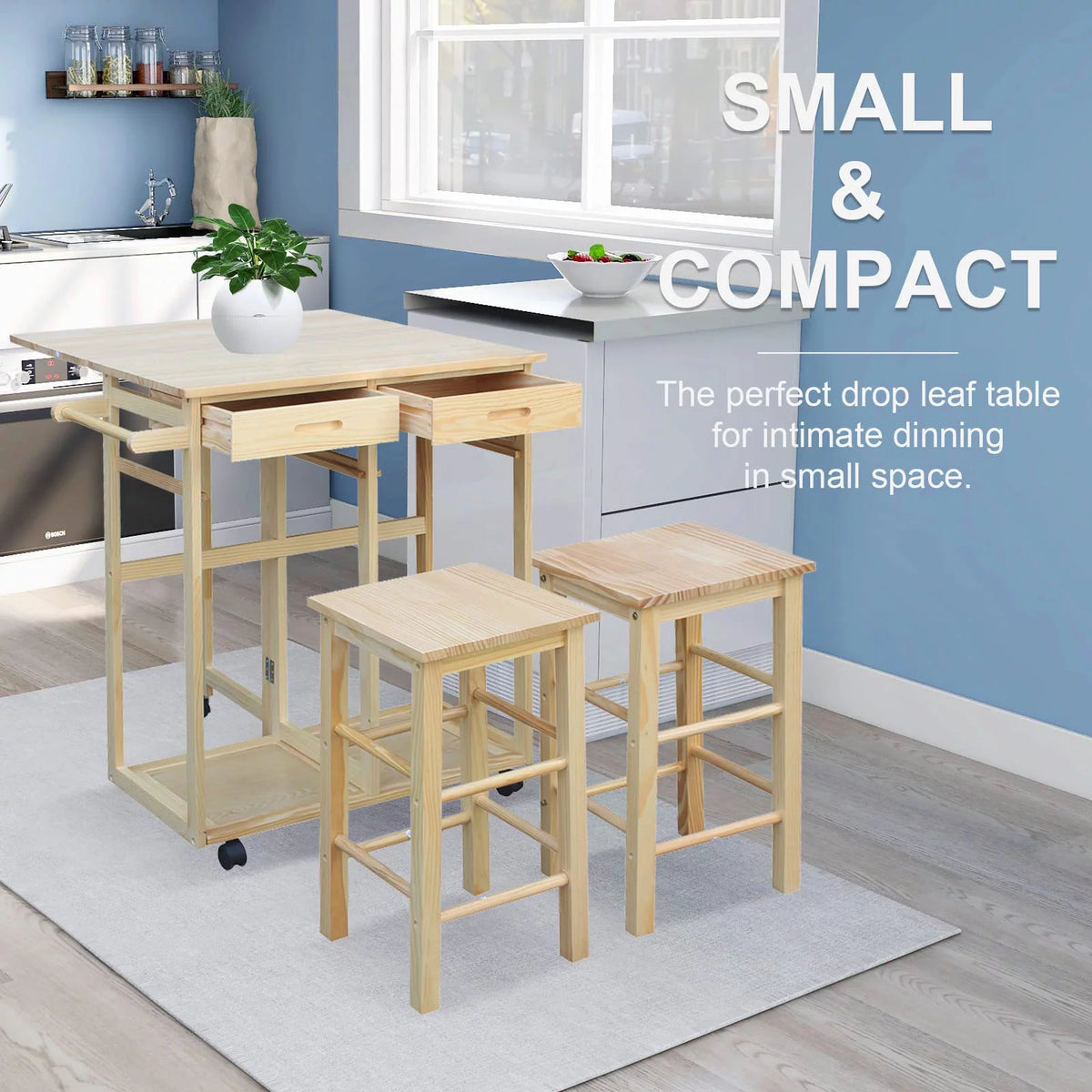 Drop Leaf Table, Rolling Kitchen Tables, Dining Table Set for 2, Natural U8087
