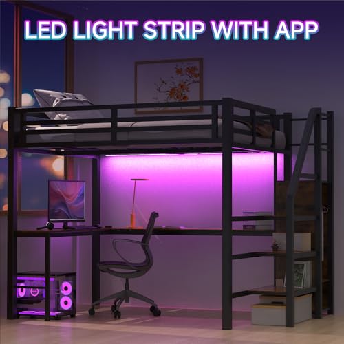 Full Size Black Metal Loft Bed with Desk and Storage Stairs K559