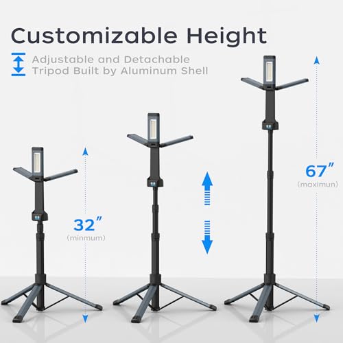 Rechargeable LED Work Light with Stand, 67" Tall Portable Cordless 3-head, 8AH Battery, 500/1500/2500 Lumen, 4000/6500K Dimmable with Detachable Tripod G177561