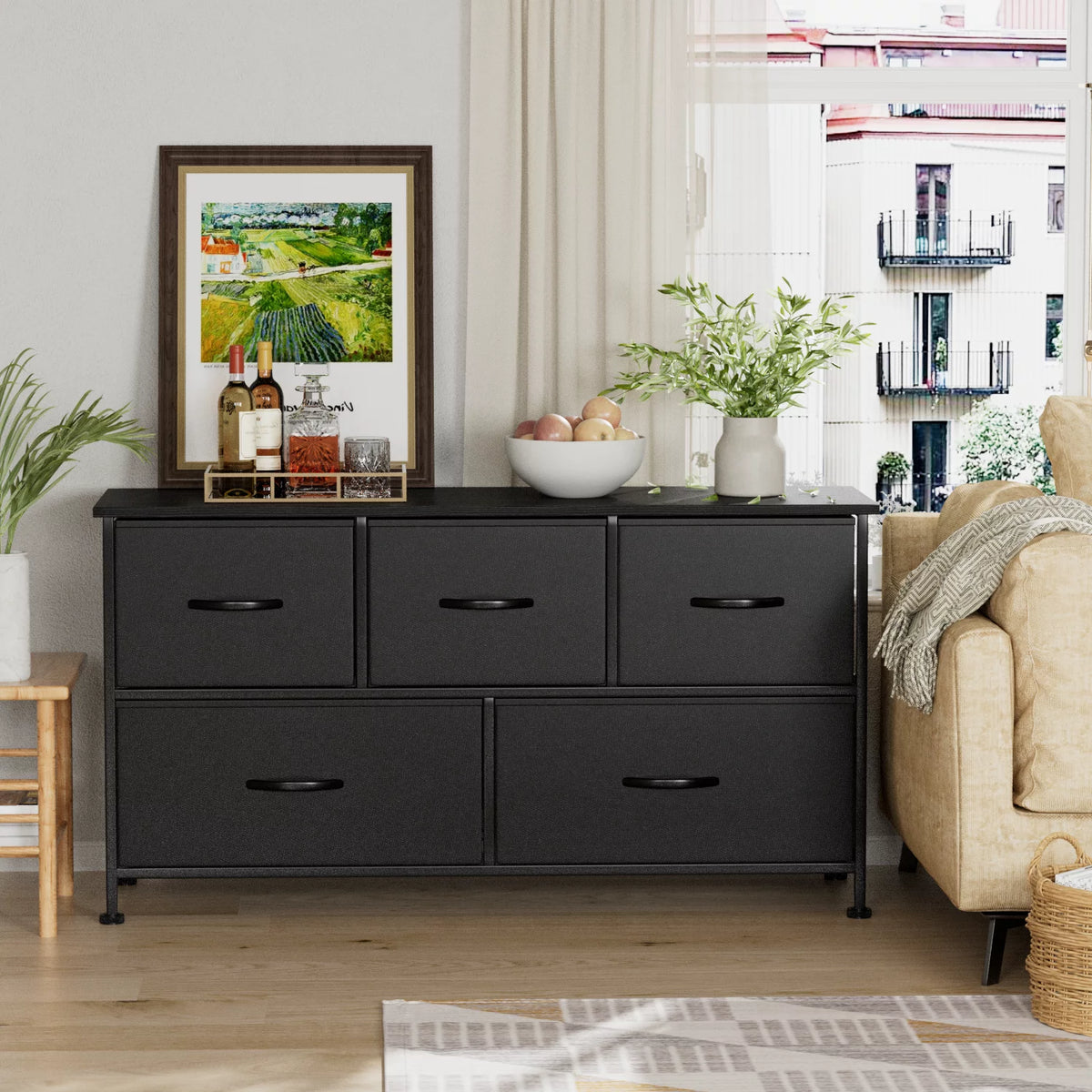 Black 5 Drawer Fabric Dresser R420