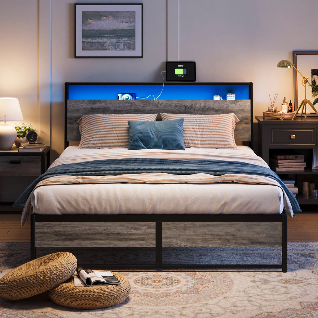 Full Size Platform Bed Frame with Headboard and Storage Shelves G631
