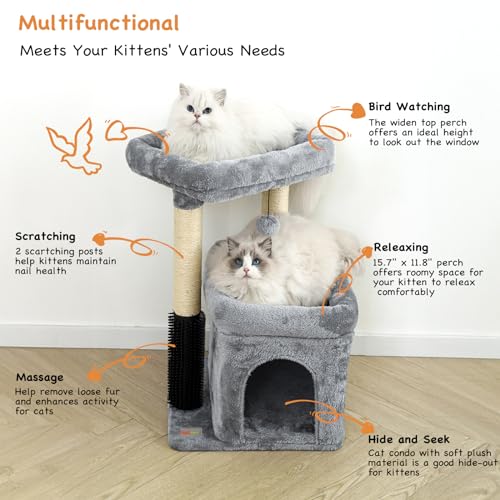 Small Cat Tree with Scratching Post, Condo, Perch and Pompoms E7809