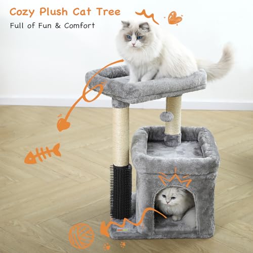 Small Cat Tree with Scratching Post, Condo, Perch and Pompoms E7809