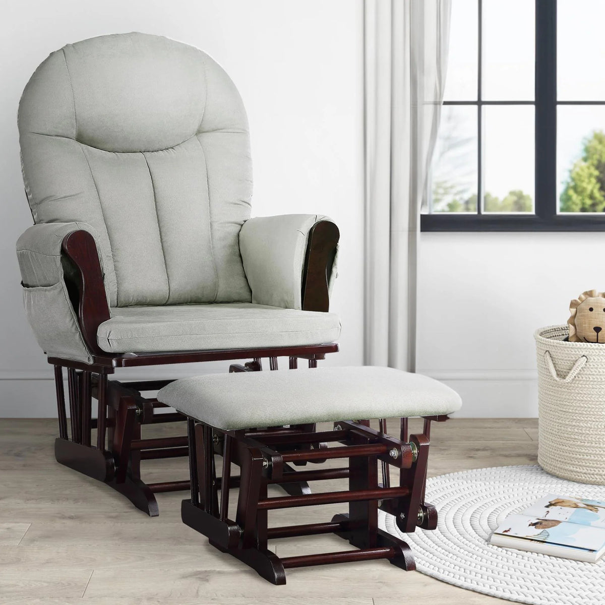 Espresso Glider Rocker with Storage and Ottoman J490