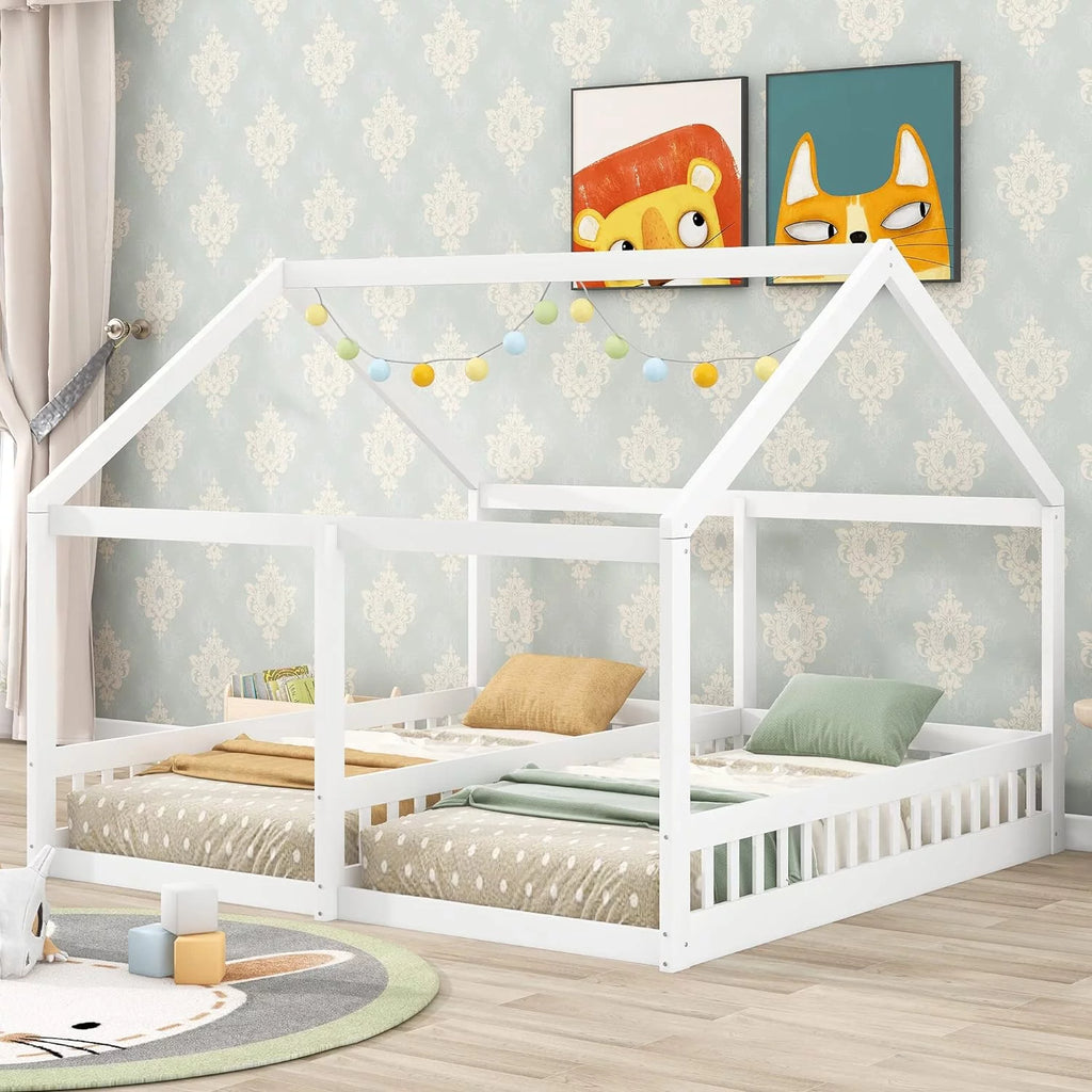White Solid Wood Floor Bed with Rails and Roof T87125