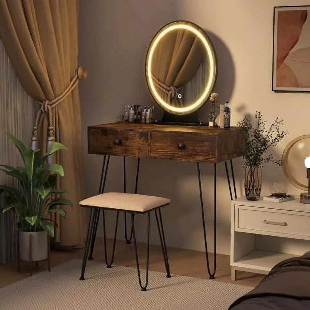 Vanity Desk with Mirror and Lights Makeup Dressing Table Set with Stool O8450