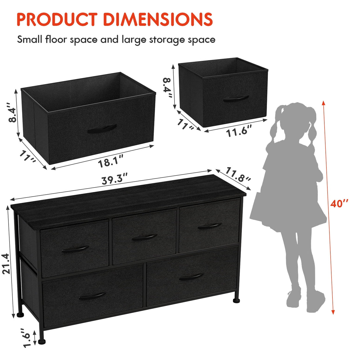 Black 5 Drawer Fabric Dresser R420
