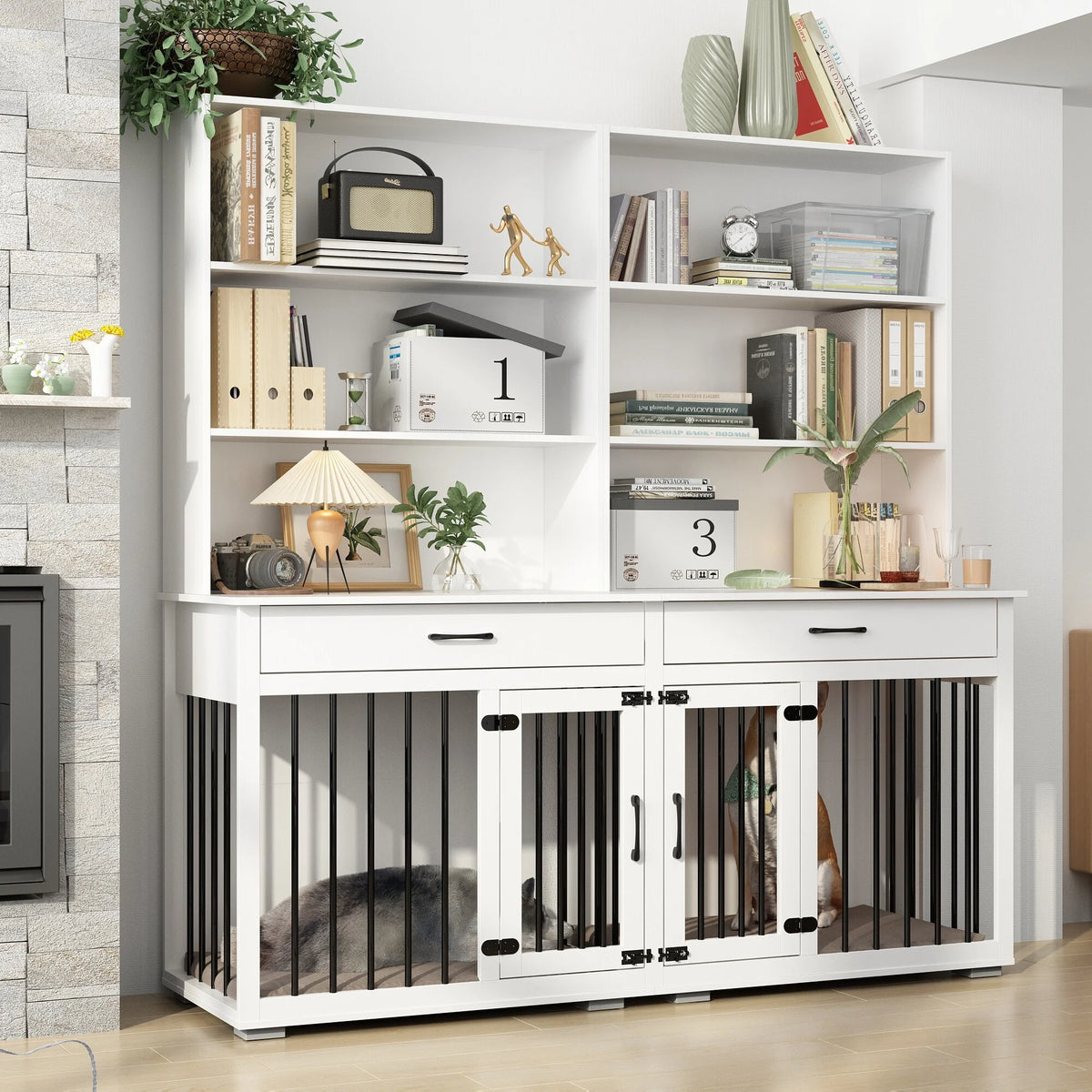 White Home Office Desk with Built-In Dog Crate E3664