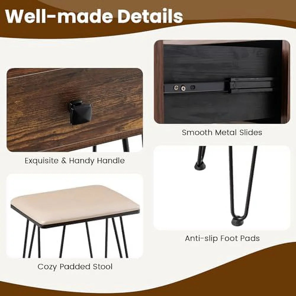 Vanity Desk with Mirror and Lights Makeup Dressing Table Set with Stool O8450
