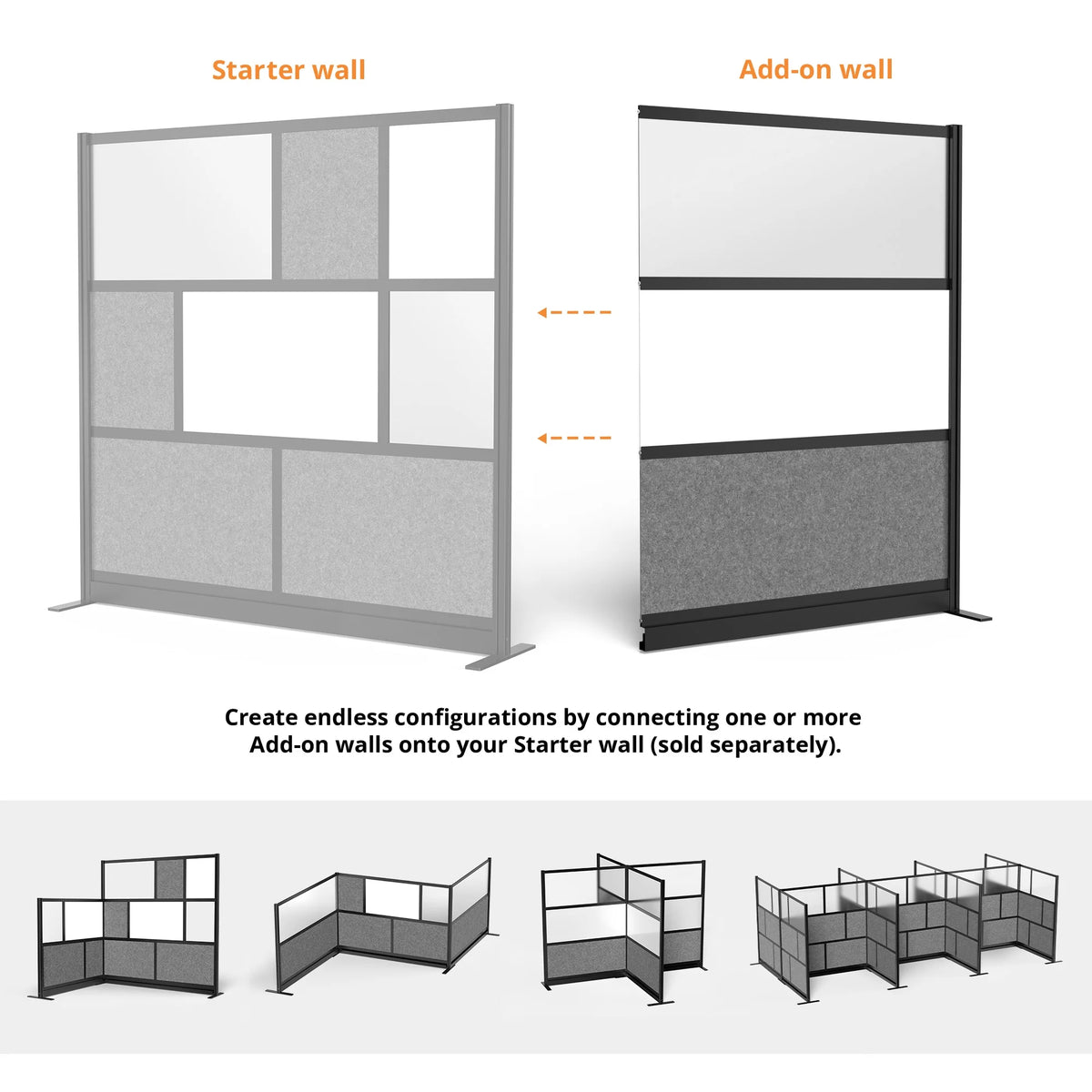 Modular Wall 53in x 70in Add-On with Whiteboard, Frosted Acrylic & Sound Absorbent Panels F68753