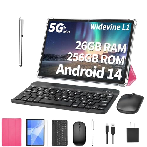 10.1 inch Android 14 Tablet with Keyboard, 26GB RAM, 256GB ROM, 8000mAh Battery, Black Z2089