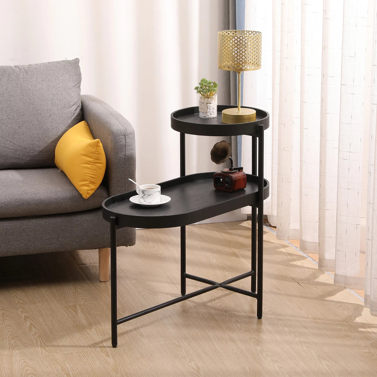 2-Tier Wooden Top Side Table Black Metal Frame M571