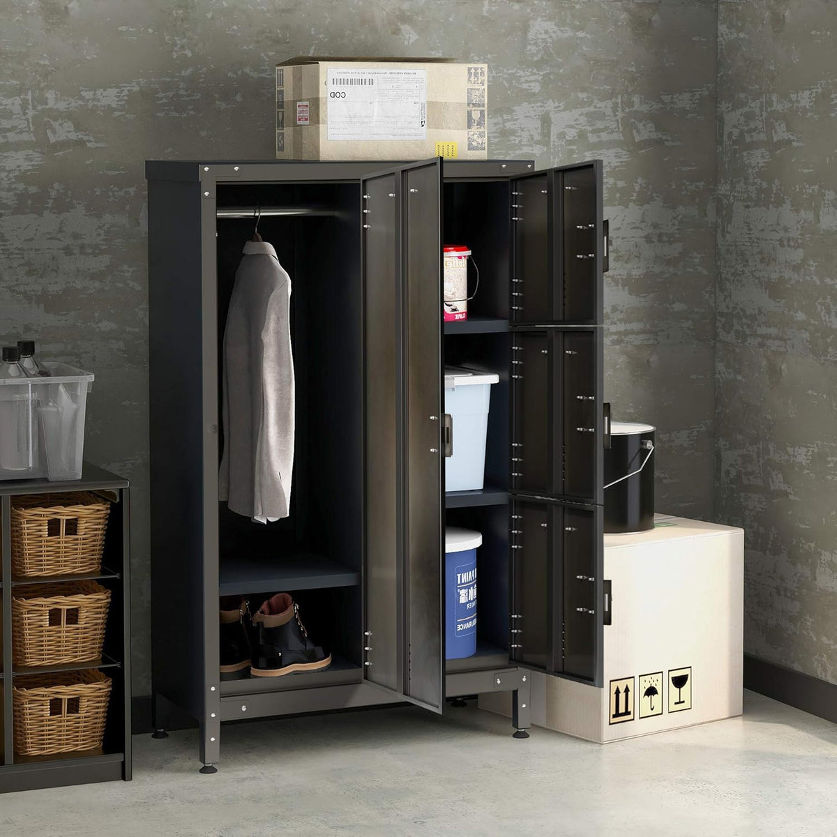 Black Steel Storage Cabinet with Doors and Shelves O95150