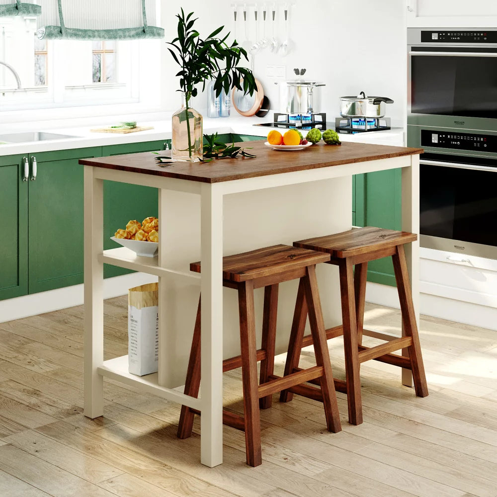 Solid Wood Kitchen Island Set with 2 Stools X3196