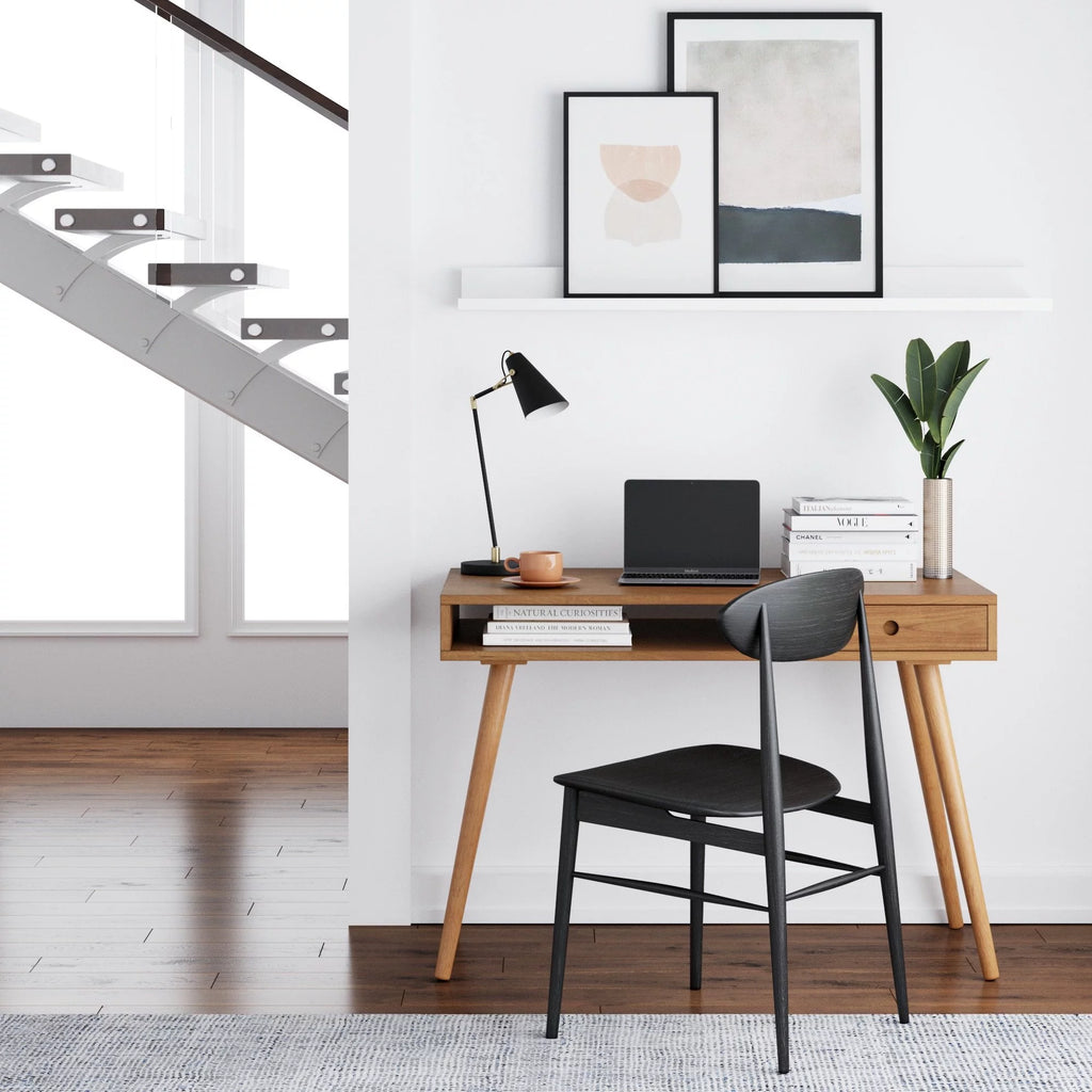 Modern Home Office Desk in Walnut Wood with Open Storage Cubby and Small Drawer H33235