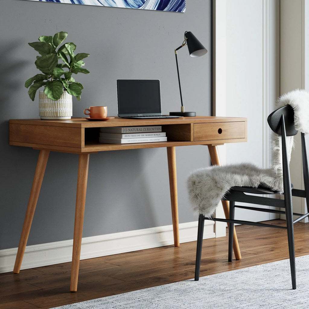 Modern Home Office Desk in Walnut Wood with Open Storage Cubby and Small Drawer H33235