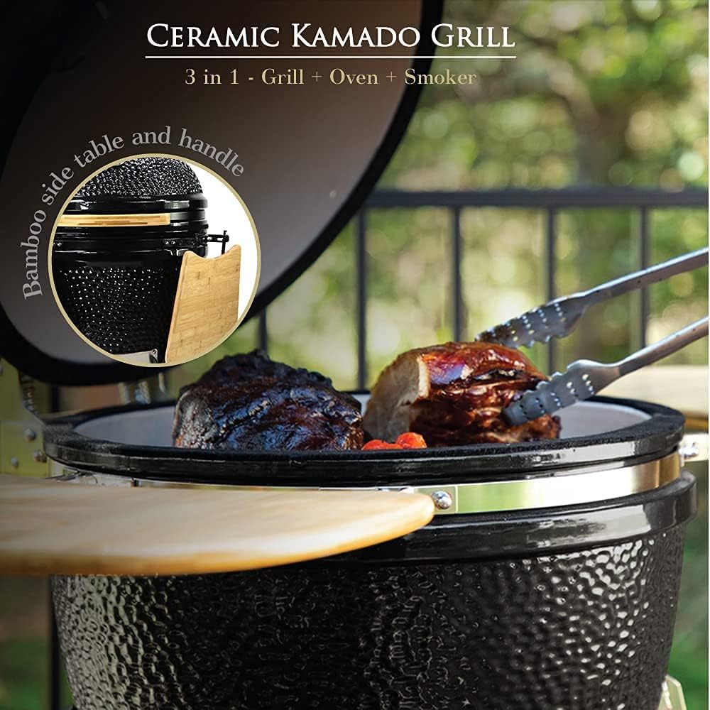 23” ExtraLarge Ceramic Kamado Grill Cooker Oven Smoker with Trolley Wheels Cast Iron Vent Red C18879